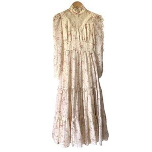 Vintage Prairie Maxi Dress Ditsy Floral Tiered Ruffle Cream Lace Cottagecore